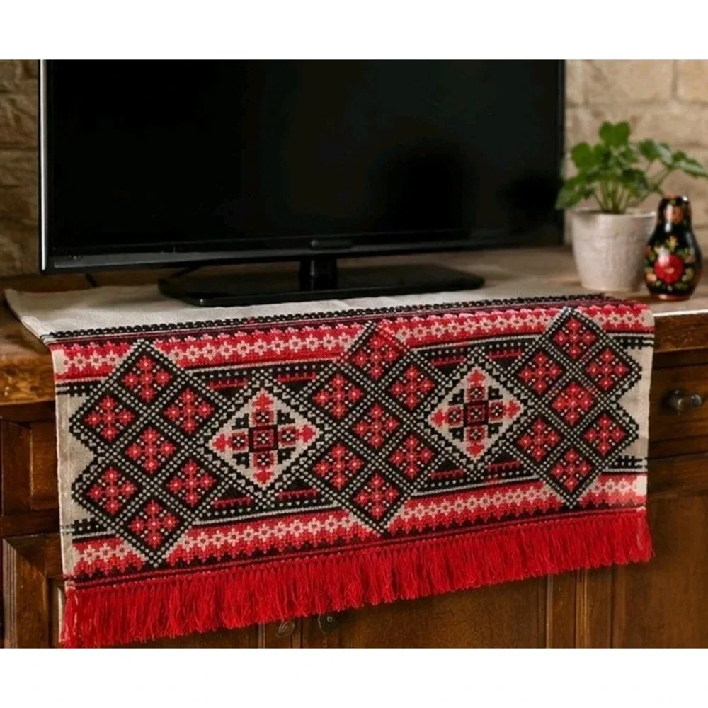 Vintage Ukrainian Rushnyk Embroidered Linen Towel, Red & Black Cross-Stitch Art